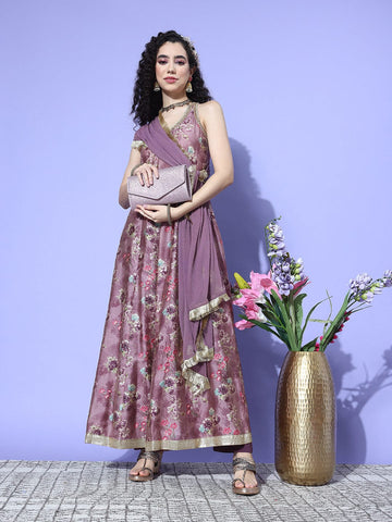 Purple Floral Printed Sequin Embellished V Neck Anarkali Kurta With Flared Hem Vkur1342 Vardup1457